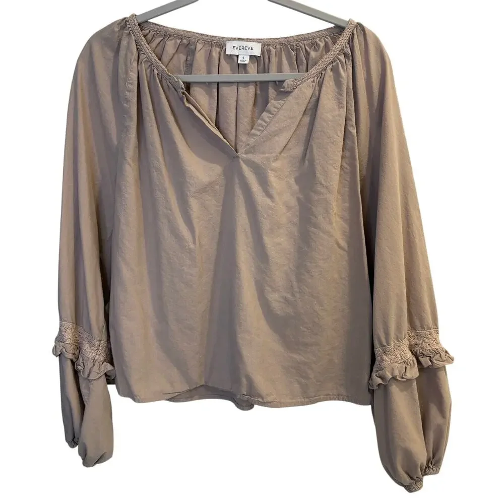 Evereve Elli Poplin Top Sandstone Beige Size Woman’s Small Balloon Sleeve - Picture 3 of 7